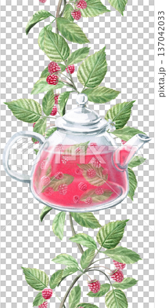 A seamless vertical border with raspberry branches and a teapot with tea, berries. Isolated watercolor illustration for branding herbal tea packaging, restaurant menus, kitchenware designs, postcards. A seamless vertical border with raspberry branches and a teapot with tea, berries. Isolated watercolor illustration for branding herbal tea packaging, restaurant menus, kitchenware designs, postcards. 137042033