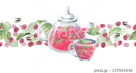 A seamless border featuring a tea set and scattered raspberries and leaves. Isolated watercolor illustration for herbal tea packaging branding, restaurant menus, kitchenware designs, and postcards. 137042036