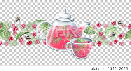 A seamless border featuring a tea set and scattered raspberries and leaves. Isolated watercolor illustration for herbal tea packaging branding, restaurant menus, kitchenware designs, and postcards. 137042036