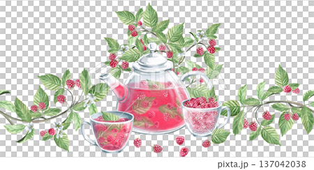 A seamless border featuring a teapot and cups with tea, berries, and raspberry branches. Isolated watercolor illustration for herbal tea packaging branding, restaurant menus, kitchenware designs. A seamless border featuring a teapot and cups with tea, berries, and raspberry branches. Isolated watercolor illustration for herbal tea packaging branding, restaurant menus, kitchenware designs. 137042038