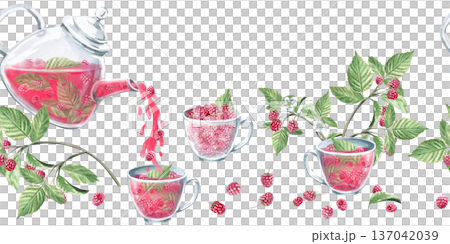 A seamless border with a teapot, cups, raspberry berries, and branches. Isolated watercolor illustration for herbal tea packaging branding, restaurant menus, kitchenware designs, and postcards. A seamless border with a teapot, cups, raspberry berries, and branches. Isolated watercolor illustration for herbal tea packaging branding, restaurant menus, kitchenware designs, and postcards. 137042039