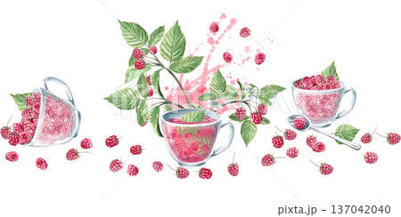Seamless border with teacups and berries. Isolated watercolor illustration for herbal tea packaging branding, restaurant menus, kitchenware designs, and postcards. Seamless border with teacups and berries. Isolated watercolor illustration for herbal tea packaging branding, restaurant menus, kitchenware designs, and postcards. 137042040