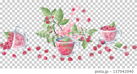 Seamless border with teacups and berries. Isolated watercolor illustration for herbal tea packaging branding, restaurant menus, kitchenware designs, and postcards. 137042040
