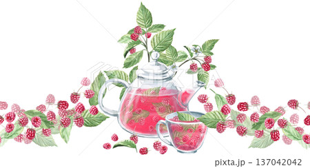 Seamless border with a teapot and cup of raspberry tea. Isolated watercolor illustration for herbal tea packaging branding, restaurant menus, kitchenware design, and postcard and poster printing. Seamless border with a teapot and cup of raspberry tea. Isolated watercolor illustration for herbal tea packaging branding, restaurant menus, kitchenware design, and postcard and poster printing. 137042042