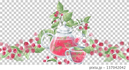 Seamless border with a teapot and cup of raspberry tea. Isolated watercolor illustration for herbal tea packaging branding, restaurant menus, kitchenware design, and postcard and poster printing. 137042042