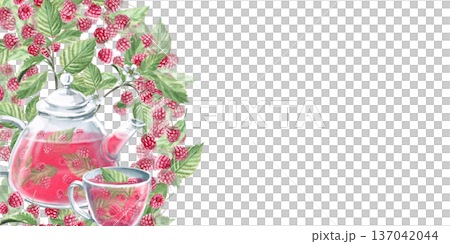 A rectangular frame with raspberry branches, a teapot, and a cup of tea. Isolated watercolor illustration for herbal tea packaging branding, restaurant menus, kitchenware design, and postcard. A rectangular frame with raspberry branches, a teapot, and a cup of tea. Isolated watercolor illustration for herbal tea packaging branding, restaurant menus, kitchenware design, and postcard. 137042044