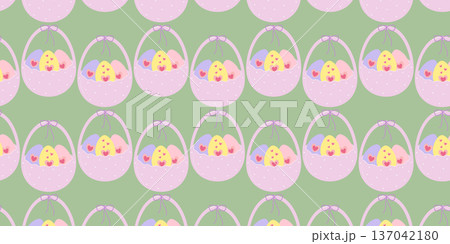 Egg shape Bucket with Multicolor Easter Eggs with hearts decor Seamless Pattern Banner Format Sample. Isolated Vector illustration Easter Greeting Thematic Card Backdrop Promo Banner, leaflets, labels 137042180