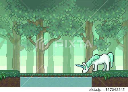 ピクセルアートのユニコーンが小川の水を飲んでいるファンタジーゲーム風背景素材 137042245