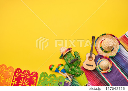Mexican fiesta elements with cactus and serape on yellow Mexican fiesta elements with cactus and serape on yellow 137042326