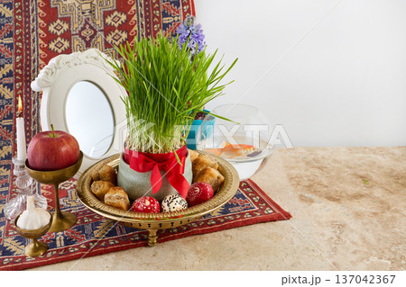 Haft-sin table celebrating nowruz persian new year festival 137042367