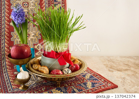 Nowruz haft-sin table celebrating persian new year tradition Nowruz haft-sin table celebrating persian new year tradition 137042374