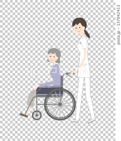 車いすに乗るシニア女性と看護師 車いすに乗るシニア女性と看護師 137042413