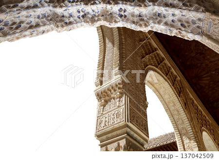 Arches in Islamic (Moorish) style (carved on white background) in Alhambra, Granada, Spain 137042509