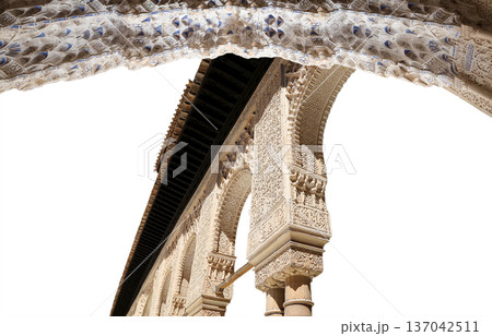 Arches in Islamic (Moorish) style (carved on white background) in Alhambra, Granada, Spain Arches in Islamic (Moorish) style (carved on white background) in Alhambra, Granada, Spain 137042511