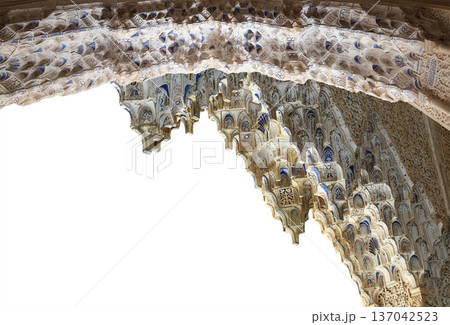 Arches in Islamic (Moorish) style (carved on white background) in Alhambra, Granada, Spain Arches in Islamic (Moorish) style (carved on white background) in Alhambra, Granada, Spain 137042523
