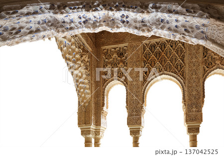 Arches in Islamic (Moorish) style (carved on white background) in Alhambra, Granada, Spain 137042525
