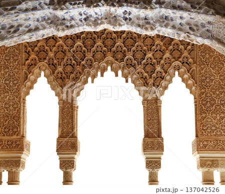Arches in Islamic (Moorish) style (carved on white background) in Alhambra, Granada, Spain 137042526
