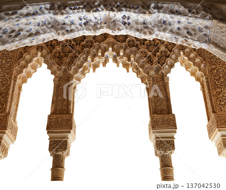 Arches in Islamic (Moorish) style (carved on white background) in Alhambra, Granada, Spain Arches in Islamic (Moorish) style (carved on white background) in Alhambra, Granada, Spain 137042530