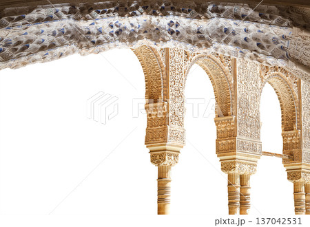 Arches in Islamic (Moorish) style (carved on white background) in Alhambra, Granada, Spain Arches in Islamic (Moorish) style (carved on white background) in Alhambra, Granada, Spain 137042531