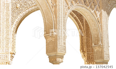 Arches in Islamic (Moorish) style (carved on white background) in Alhambra, Granada, Spain 137042545