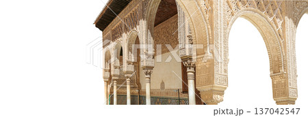Arches in Islamic (Moorish) style (carved on white background) in Alhambra, Granada, Spain Arches in Islamic (Moorish) style (carved on white background) in Alhambra, Granada, Spain 137042547