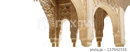 Arches in Islamic (Moorish) style (carved on white background) in Alhambra, Granada, Spain 137042550