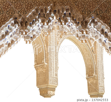 Arches in Islamic (Moorish) style (carved on white background) in Alhambra, Granada, Spain Arches in Islamic (Moorish) style (carved on white background) in Alhambra, Granada, Spain 137042553