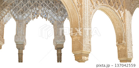 Arches in Islamic (Moorish) style (carved on white background) in Alhambra, Granada, Spain 137042559