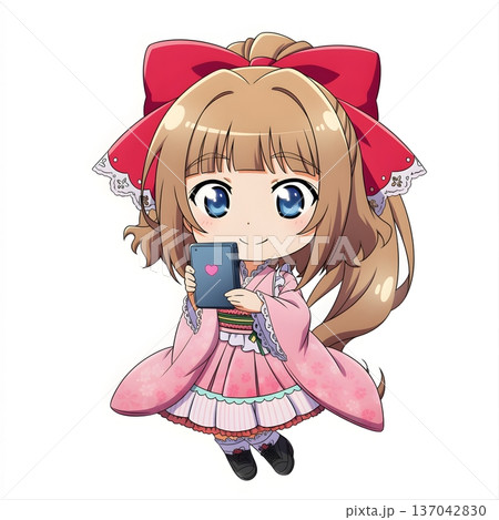 ゆめかわいい SDキャラクター 女の子 スマホ操作 スマートフォン 白背景 ゆめかわいい SDキャラクター 女の子 スマホ操作 スマートフォン 白背景 137042830