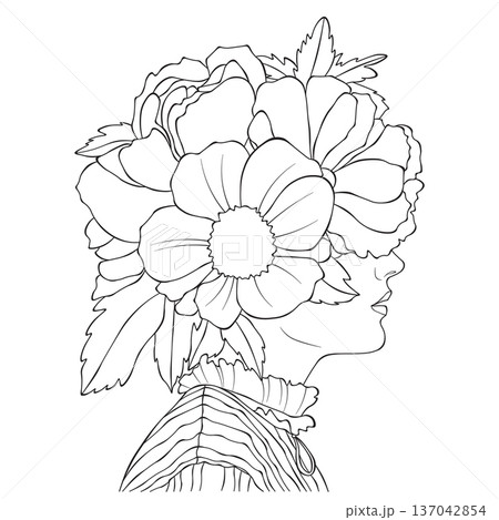 Woman profile with floral bouquet line art illustration, feminine botanical portrait outline Woman profile with floral bouquet line art illustration, feminine botanical portrait outline 137042854