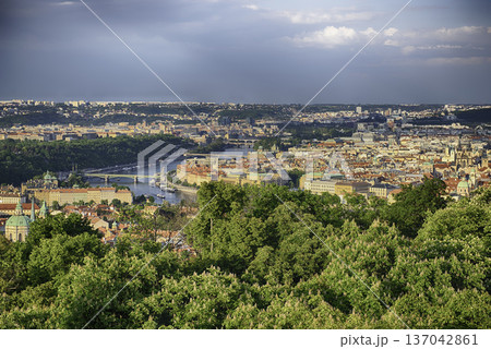 Panoramic view of Prague with Vltava river from Petrin hill 137042861