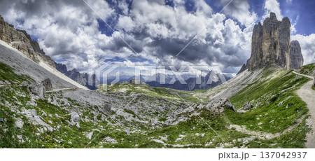 Hiking trails to Tre Cime di Lavaredo mountains, Dolomites, Italy 137042937