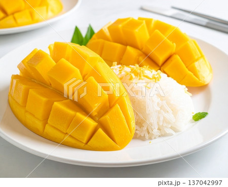 mango slice with sticky rice mango slice with sticky rice 137042997