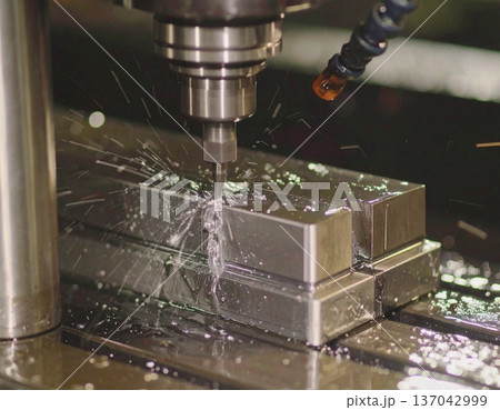 CNC milling processing on steel with cooling CNC milling processing on steel with cooling 137042999