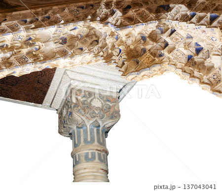 Arches in Islamic (Moorish) style (carved on white background) in Alhambra, Granada, Spain Arches in Islamic (Moorish) style (carved on white background) in Alhambra, Granada, Spain 137043041