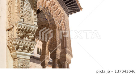 Arches in Islamic (Moorish) style (carved on white background) in Alhambra, Granada, Spain 137043046
