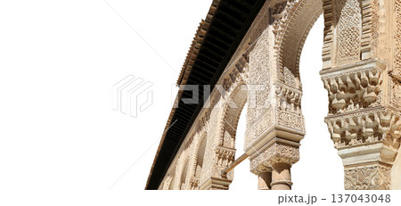 Arches in Islamic (Moorish) style (carved on white background) in Alhambra, Granada, Spain 137043048