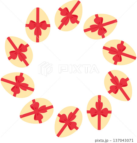 Round Frame border of Easter Eggs with red tied ribbon bow Minimalist Flat design Copyspace Template. Vector illustration Easter Holidays Greetings Thematic card, posting, blog, leaflet, banner, price Round Frame border of Easter Eggs with red tied ribbon bow Minimalist Flat design Copyspace Template. Vector illustration Easter Holidays Greetings Thematic card, posting, blog, leaflet, banner, price 137043071