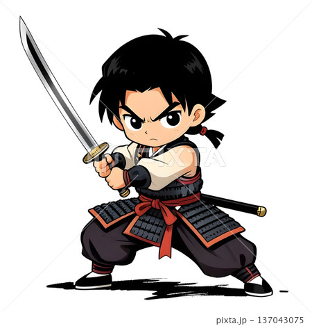 SAMURAI young fighter, graphic style, traditional color dress, in fighting pose. 137043075