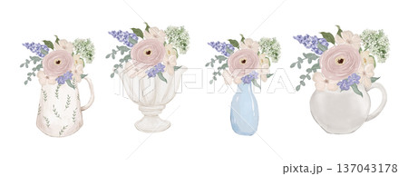 Watercolour flowers in vase, jar, hand drawn isolated spring bouquet illustration, botanical illustration 137043178