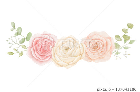 Watercolour crown of peonies, roses and eucalyptus leaves isolated on white background, summer flowers 137043180