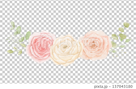 Watercolour crown of peonies, roses and eucalyptus leaves isolated on white background, summer flowers 137043180