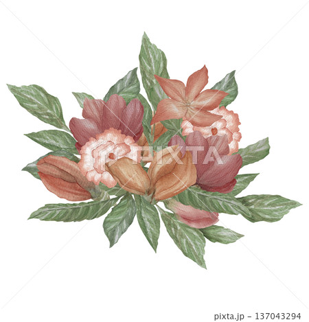Watercolor illustration Wedding collection Flower Bouquet with Peonies and Daisies Hand drawing Vintage 137043294