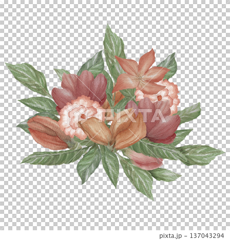 Watercolor illustration Wedding collection Flower Bouquet with Peonies and Daisies Hand drawing Vintage 137043294