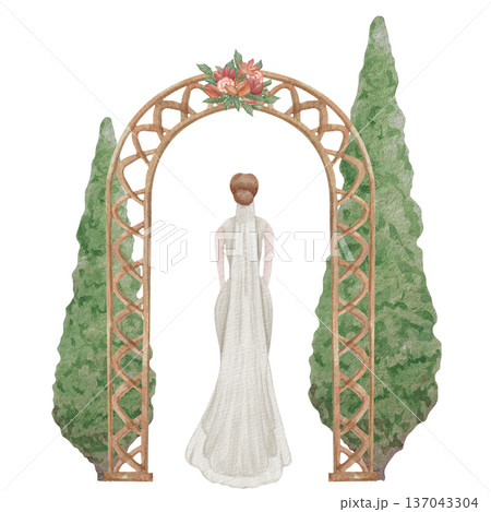 Watercolor illustration Wedding collection Bride in an arch and cypress trees and flowers Hand drawing Vintage Watercolor illustration Wedding collection Bride in an arch and cypress trees and flowers Hand drawing Vintage 137043304