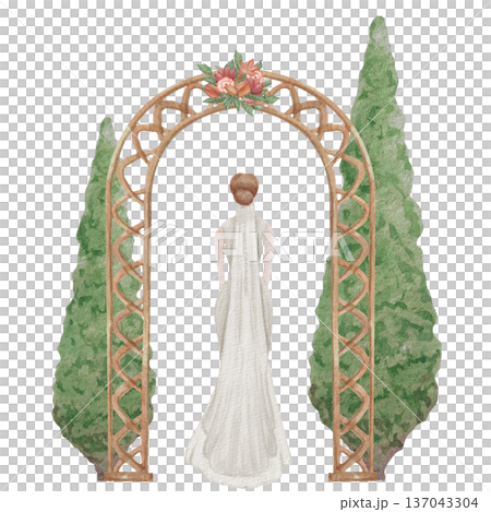 Watercolor illustration Wedding collection Bride in an arch and cypress trees and flowers Hand drawing Vintage Watercolor illustration Wedding collection Bride in an arch and cypress trees and flowers Hand drawing Vintage 137043304
