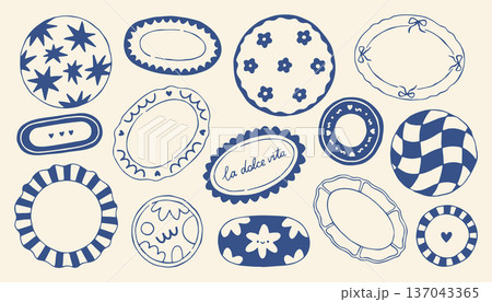 Hand drawn Mediterranean plates vector set in blue monochrome style. Decorative ceramic dish collection with ornaments and patterns, perfect for restaurant branding, menu design and packaging Hand drawn Mediterranean plates vector set in blue monochrome style. Decorative ceramic dish collection with ornaments and patterns, perfect for restaurant branding, menu design and packaging 137043365