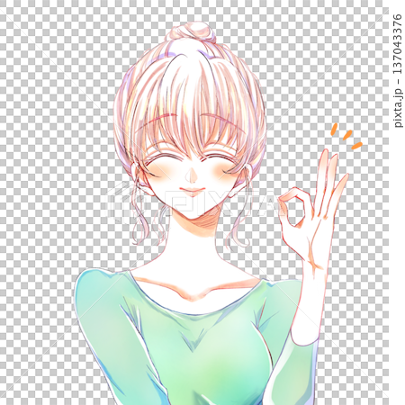 Young woman OK sign smiling bun hair Young woman OK sign smiling bun hair 137043376