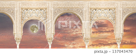 Arches in Islamic (Moorish) style (against the sunset and supermoon) in Alhambra, Granada, Spain Arches in Islamic (Moorish) style (against the sunset and supermoon) in Alhambra, Granada, Spain 137043470