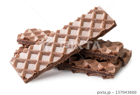 Pile of chocolate wafers close-up on a white background. Isolated 137043600
